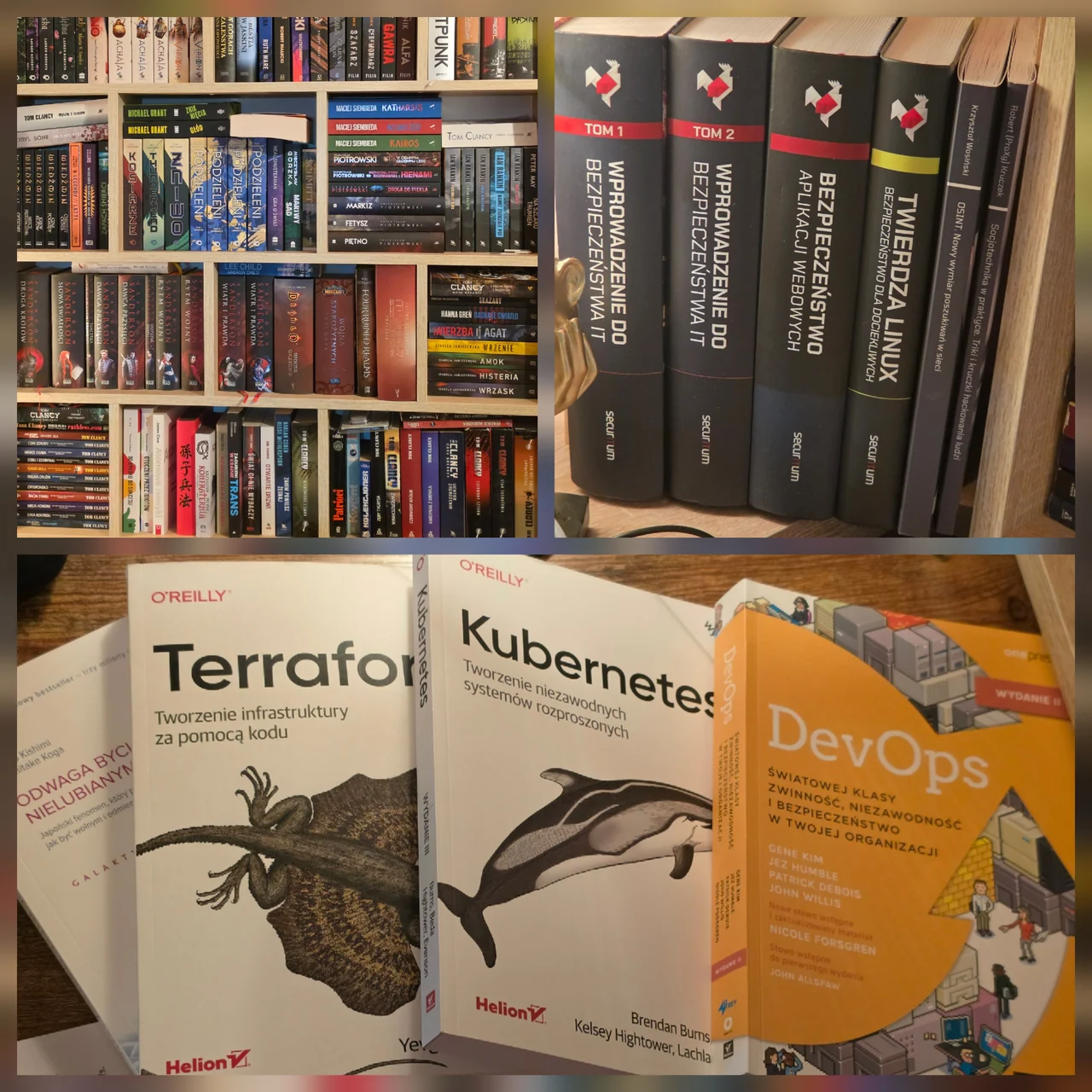 My bookshelves, with fantasy and thrillers alongside IT security, Terraform, Kubernetes, and DevOps books.