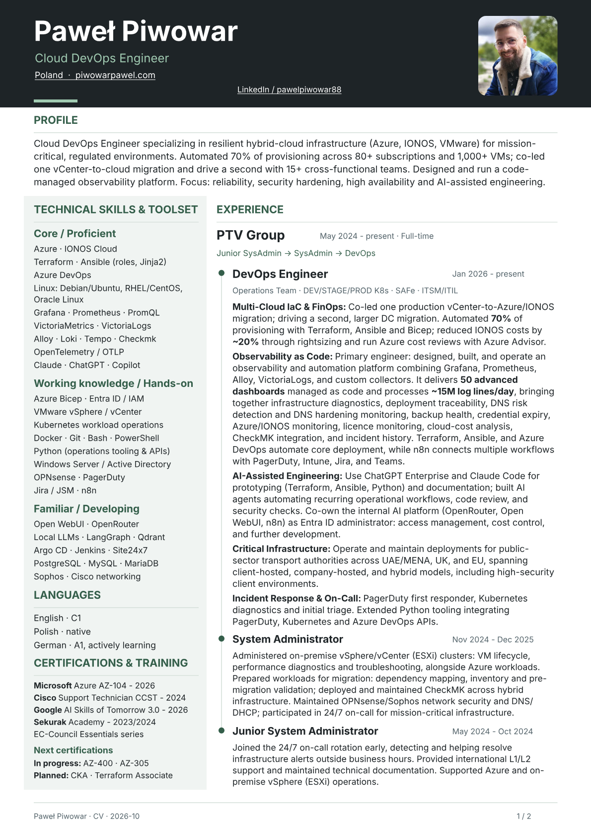CV page 1: profile, full technical toolset, PTV career progression, languages, certifications, training and learning roadmap. Full content is available in the text version below.
