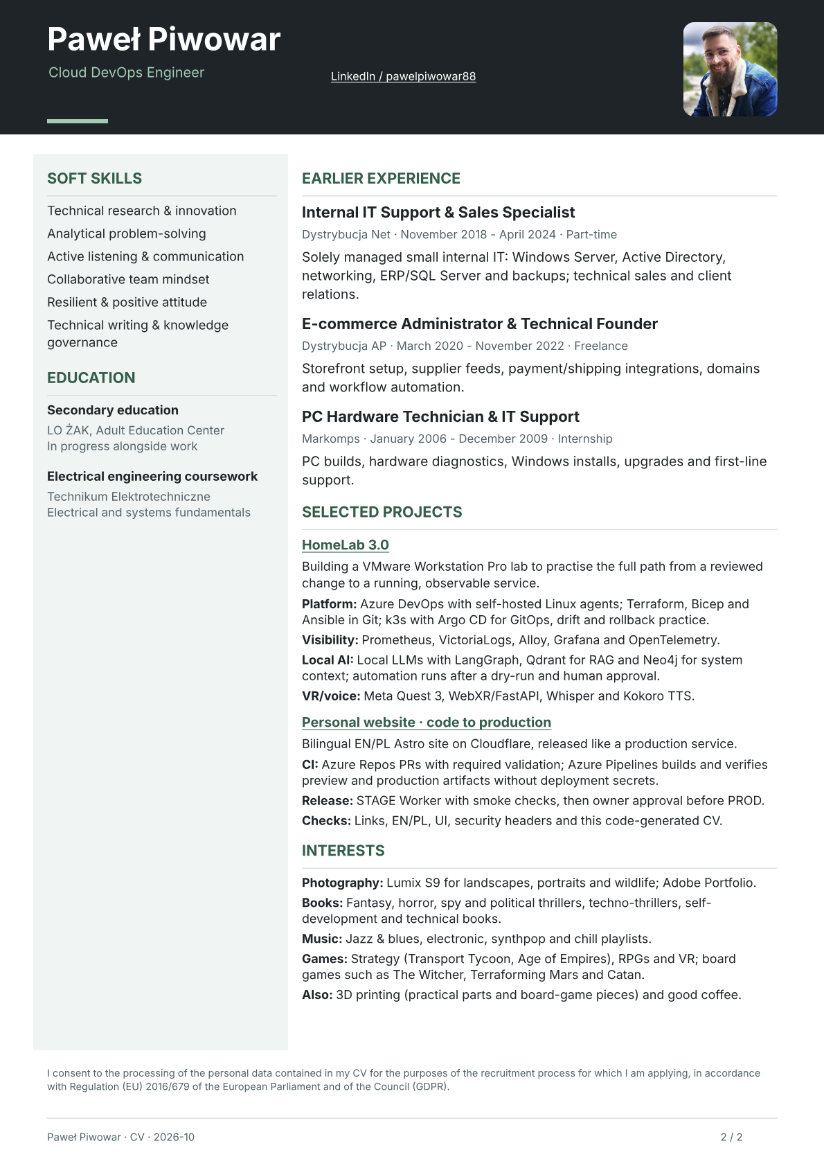 CV page 2: earlier experience, education, soft skills, projects and interests. Full content is available in the text version below.
